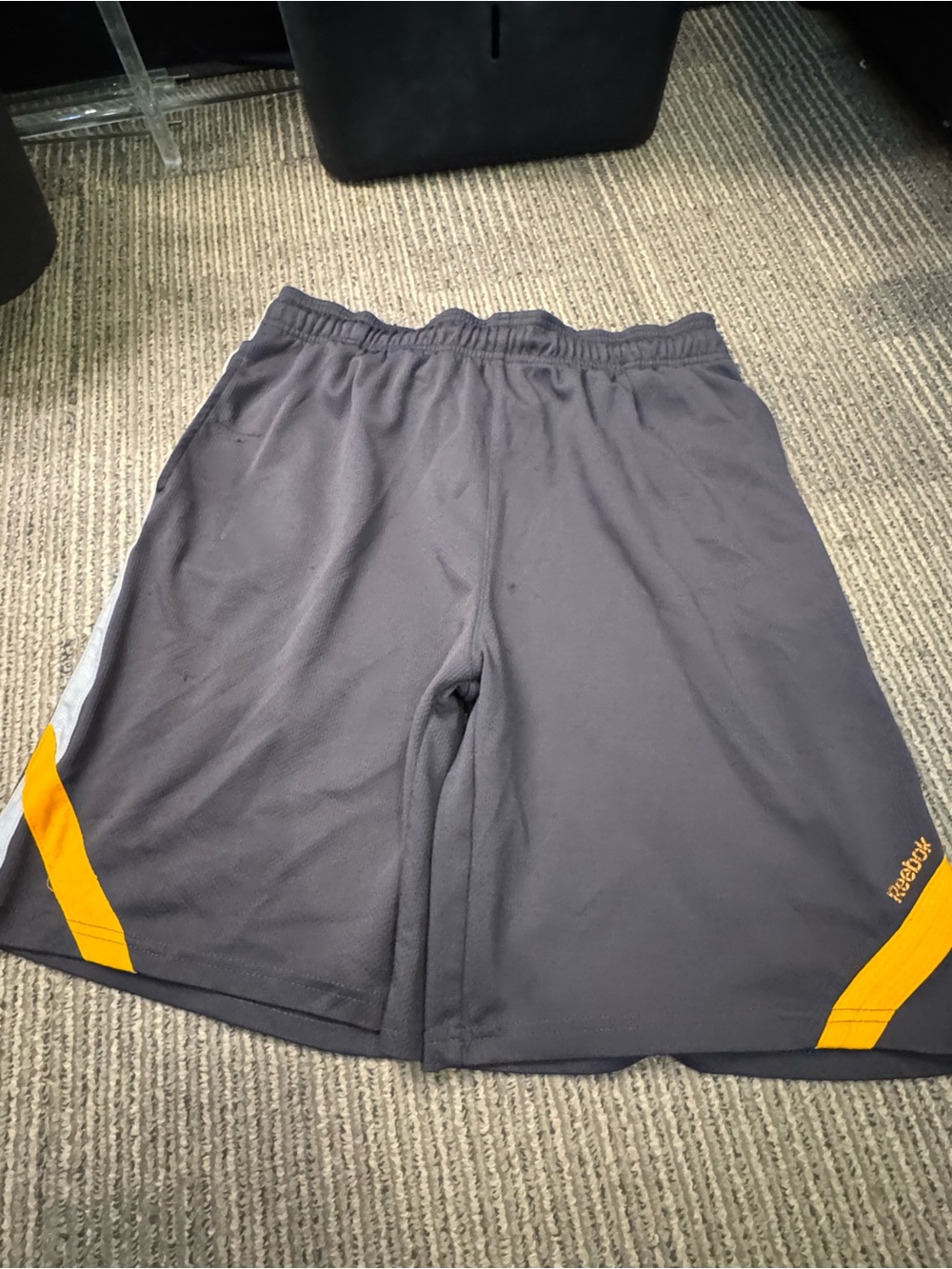 Reebok Men’s Dark Gray Athletic Shorts with Yellow Accents